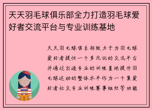 天天羽毛球俱乐部全力打造羽毛球爱好者交流平台与专业训练基地